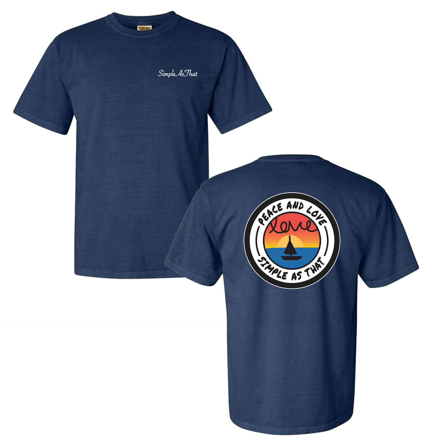 Simple As That Peace and Love T-Shirt – 100% cotton, 6.1 oz heavyweight tee with a playful, creative design featuring kid-style drawings. Perfect for casual wear, beach days, sporting events, and layered streetwear outfits.