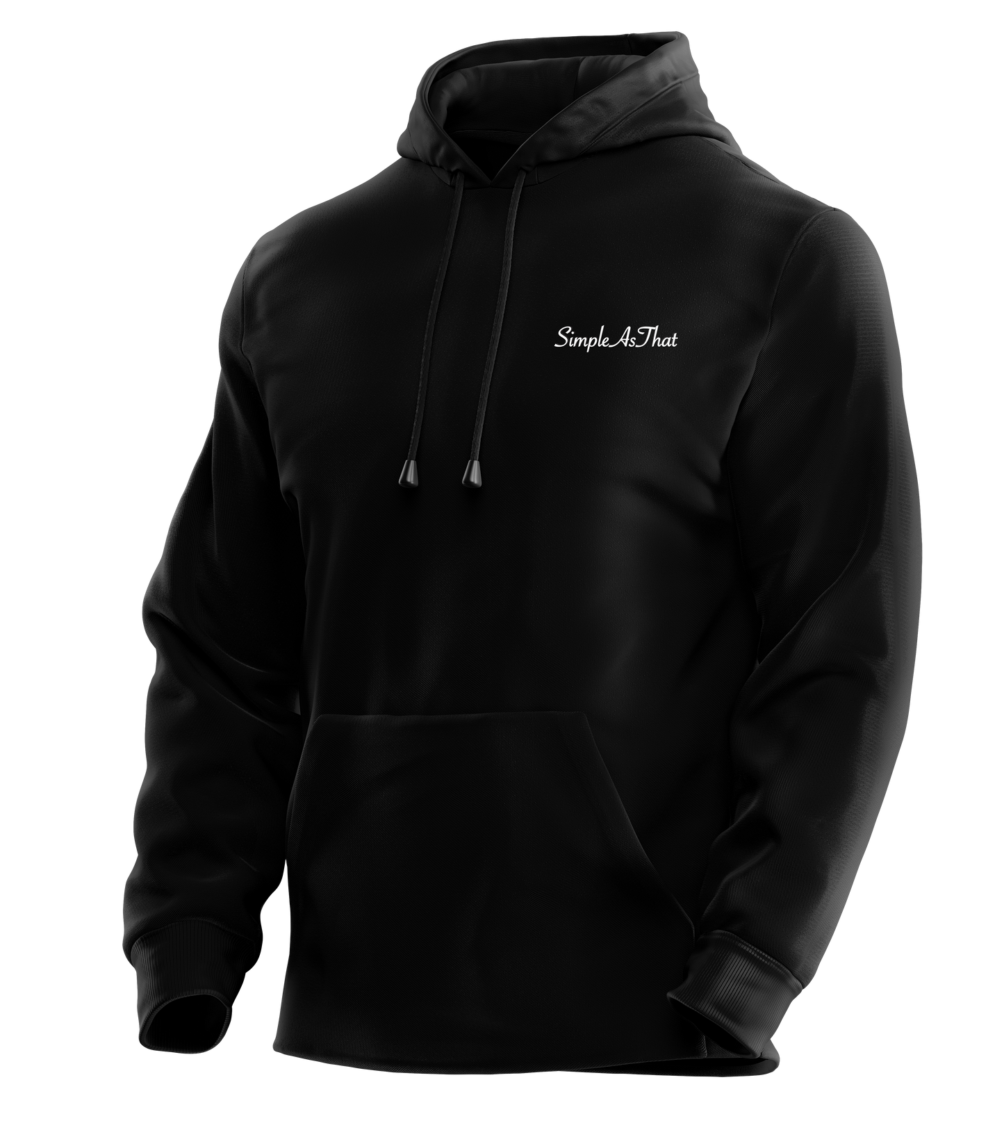 Front view of a black hoodie featuring the 'Simple As That' logo in white on the left chest. The hoodie includes an adjustable drawstring hood, a spacious front pouch pocket, and ribbed cuffs for a classic and minimalist streetwear look.