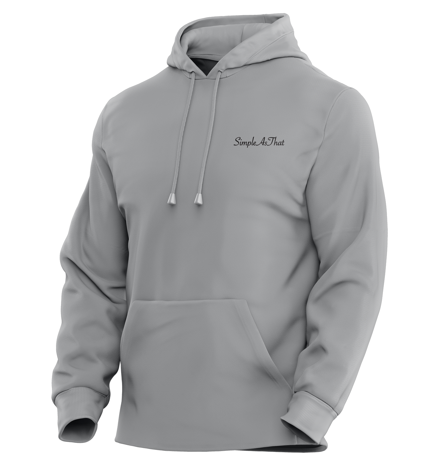 Grey colored hoodie featuring a minimalist 'Simple As That' logo on the left chest. The hoodie includes an adjustable drawstring hood, front kangaroo pocket, and ribbed cuffs and hem for a comfortable, casual fit.