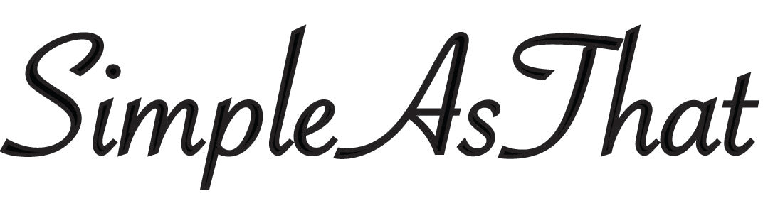 Simple As That logo in black cursive lettering, showcasing a clean and minimalist design that highlights the brand's focus on simplicity and authenticity.
