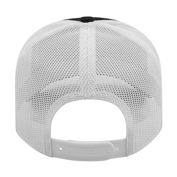Back view of a white mesh-back hat featuring a breathable mesh design and an adjustable snapback closure for a customizable fit. The open mesh panels offer maximum ventilation, perfect for all-day comfort. Simple Hockey.